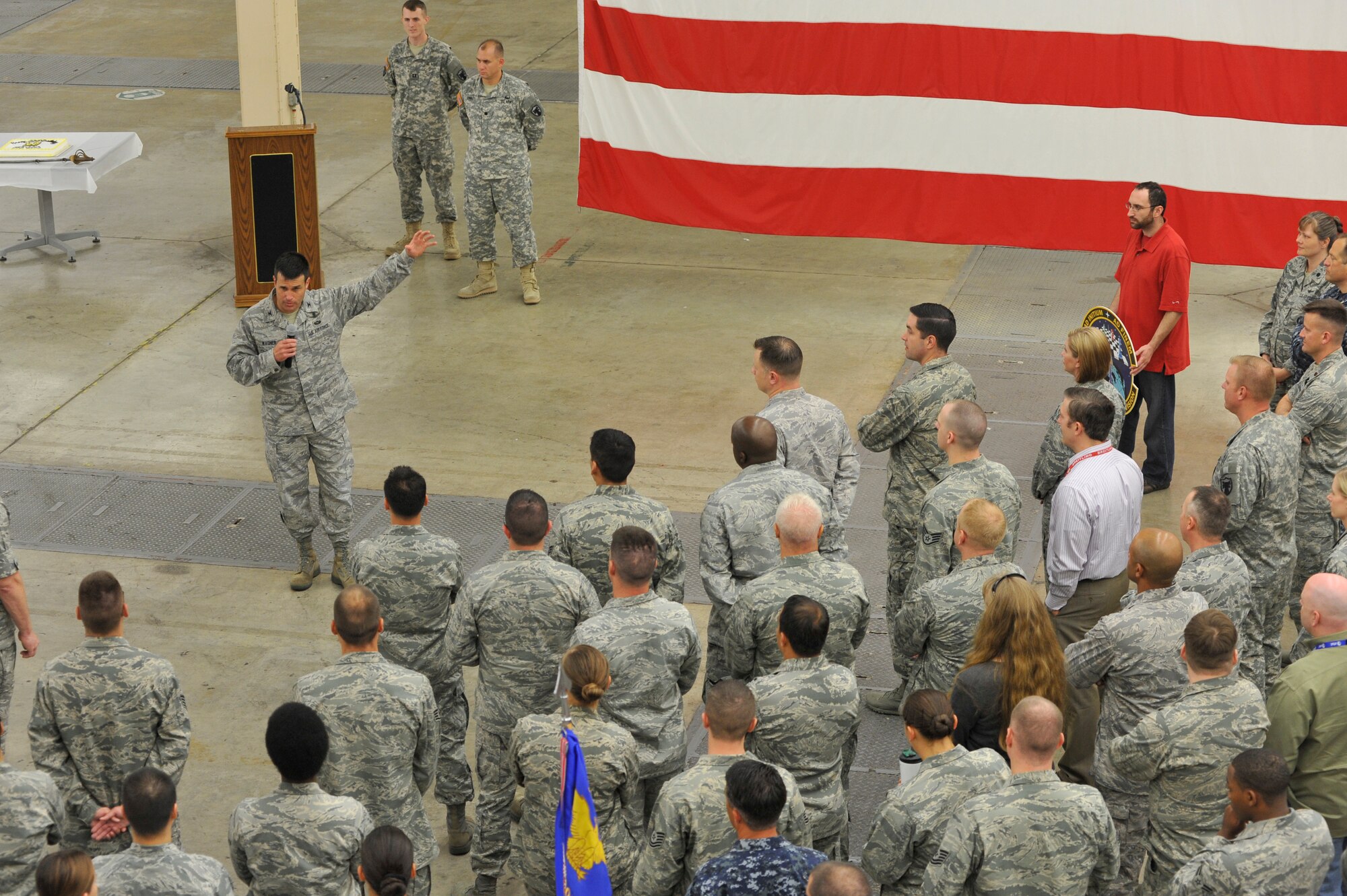VANDENBERG AIR FORCE BASE, Calif. -- Col. John Wagner, 614th Air and Space Operations Center commander, welcomes nearly 400 personnel and family members to the unit's Heritage Day June 14, 2013. (U.S. Air Force photo/Michael Peterson)