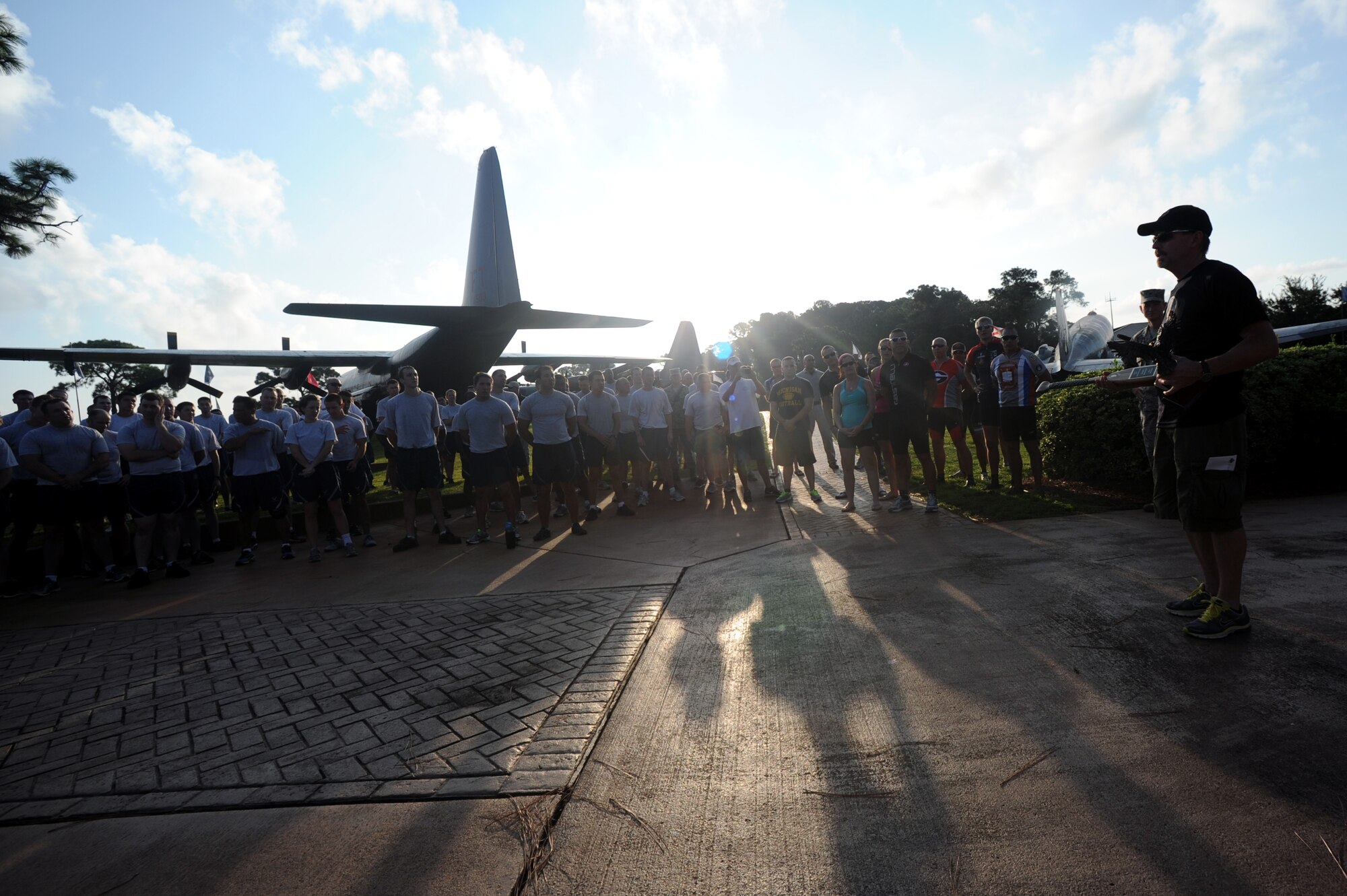 Bill Stevens, Operations One Voice representative, speaks with the 1st Special Operations Civil Engineer Squadron, about the service and sacrifice of Master Sgt. Joseph Deslauriers, explosive ordnance disposal technician of 1st SOCES, on Hurlburt Field, Fla., Sept 4, 2013. Deslauriers is this year's honoree for the 7th Annual Honor Ride from Hurlburt Field to Duluth, Ga. (U.S. Air Force photo/Staff Sgt. Eboni Reams)