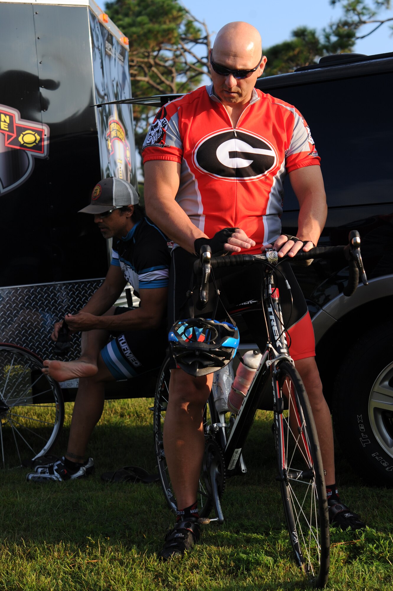 Chad Johnson, Operation One Voice rider, prepares his bike for the 7th Annual Honor Ride at Hurlburt Field, Fla., Sept. 4, 2013. All the riders were from the Hurlburt Field community and are biking to Duluth, Ga. in honor of Master Sgt. Joseph Deslauriers' sacrifices in the line of duty.