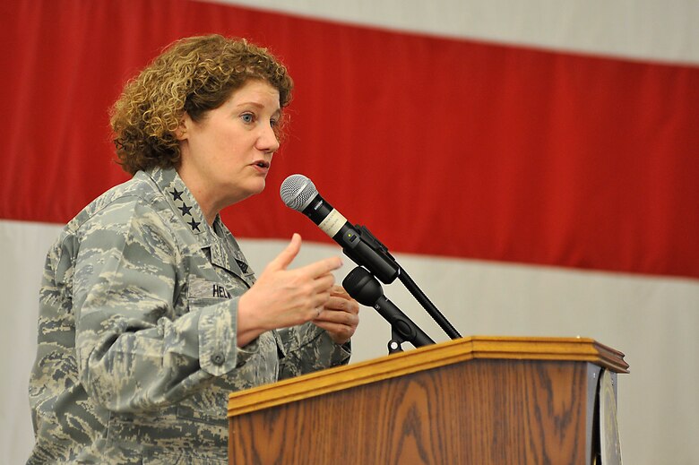 VANDENBERG AIR FORCE BASE, Calif. -- Lt. Gen. Susan Helms, commander of U.S. Strategic Command's Joint Functional Component Command for Space and 14th Air Force (Air Forces Strategic), speaks to a crowd of nearly 400 personnel and family members during the 614th Air and Space Operations Center Heritage Day June 14, 2013. She praised the 614th AOC's personnel and reminded them of their role in safeguarding the nation's critical space assets. (U.S. Air Force photo/Michael Peterson)