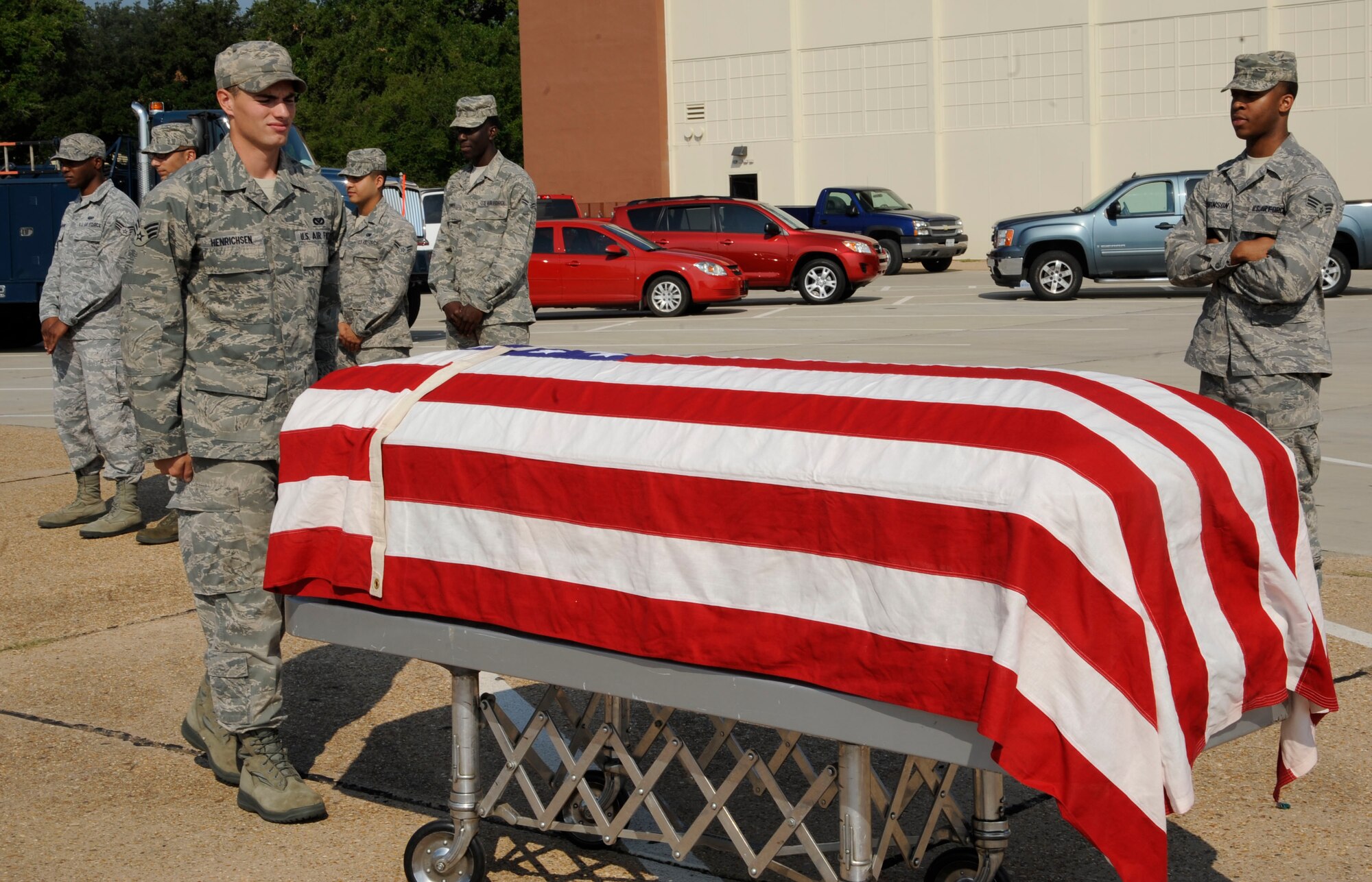 Senior Airman Austin Henrichsen, 2nd Force Support Squadron Honor Guard detail commander, practices a funeral detail on Barksdale Air Force Base, La., Sept. 4, 2013. During their two-week shifts, Honor Guardsmen practice various details daily in order to keep their skills sharp and present a professional image during events they are called to execute. (U.S. Air Force photo/Airman 1st Class Andrew Moua)