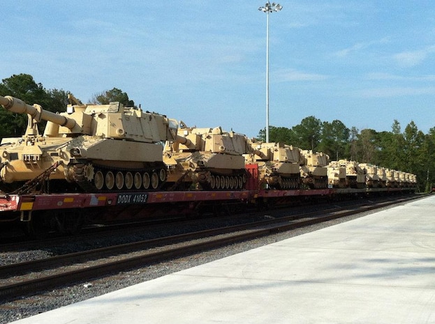 The 841st Transportation Battalion’s mission is to deploy and conduct surface deployment and redeployment distribution and water terminal operations to support and sustain the warfighter. The 841st has the capability to offload up to 150 trucks and 200 railcars of cargo per day. The cargo being loaded and offloaded are pieces of equipment used for the warfighter. (Courtesy photo)