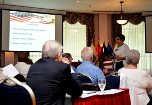 Diane Hamlette, Fort Eustis Memorial Affairs Coordinator, explains the process of requesting military honors during a Military Funeral Honors Conference at Fort Eustis, Va., Aug. 29, 2013. The conference presented the information about benefits available to military retirees, funeral homes and Service member’s families. (U.S. Air Force photo by Staff Sgt. Wesley Farnsworth/Released)
