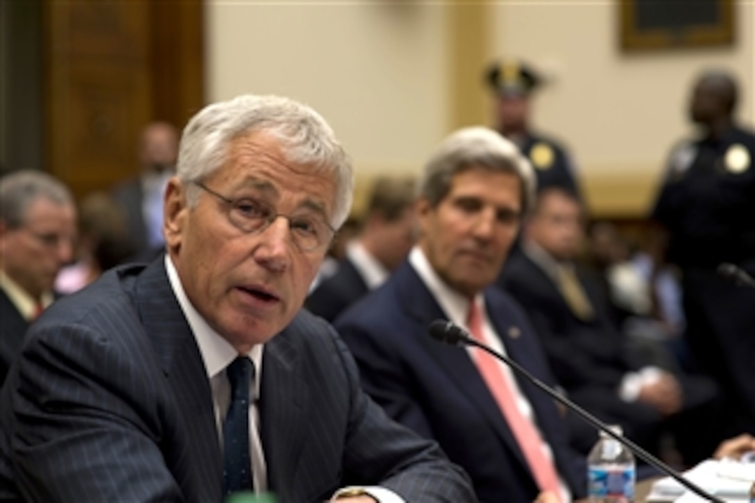 Secretary of Defense Chuck Hagel testifies before the House Foreign Affairs Committee at the Rayburn House Office Building in Washington, D.C. on Sept. 4, 2013. Secretary of State John F. Kerry and Chairman of the Joint Chiefs of Staff Gen. Martin E. Dempsey joined Hagel for the testimony.  