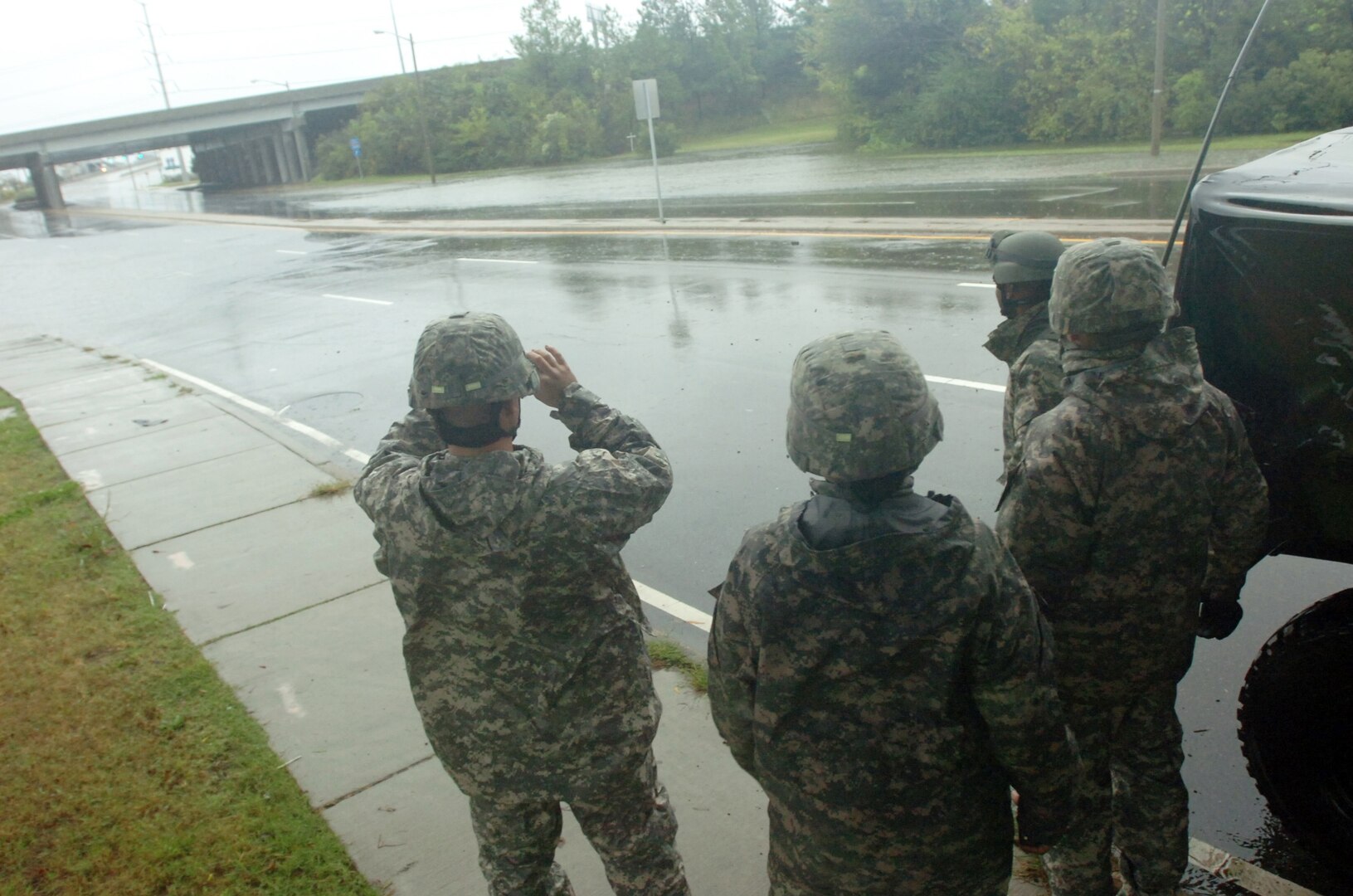 Virginia National Guard soldiers conduct reconnaissance patrols in support of Hurricane Sandy operations Oct. 29, 2012, in Norfolk, Va.