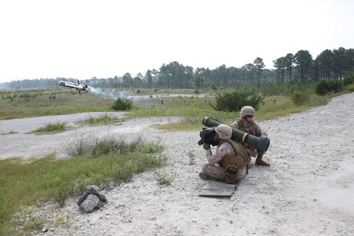 Sergeant Johnny Jernigan, an Anti-Tank Missileman with 2nd Battalion 9th Marine Regiment, fires the FGM-148 Javelin as his A–gunner, Cpl. James Darius makes sure the back blast area is clear. Although, Jernigan has fired two missiles in combat, this was the first missile that he has fired in training, although he has fired two missiles in combat. 