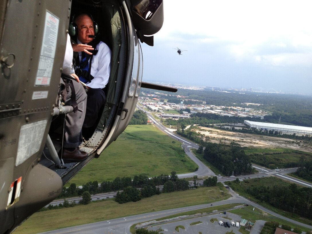 SAVANNAH, Ga. –Under Secretary of the U.S. Army Dr. Joseph W. Westphal takes a helicopter tour of the Port of Savannah Sept. 4, 2013.