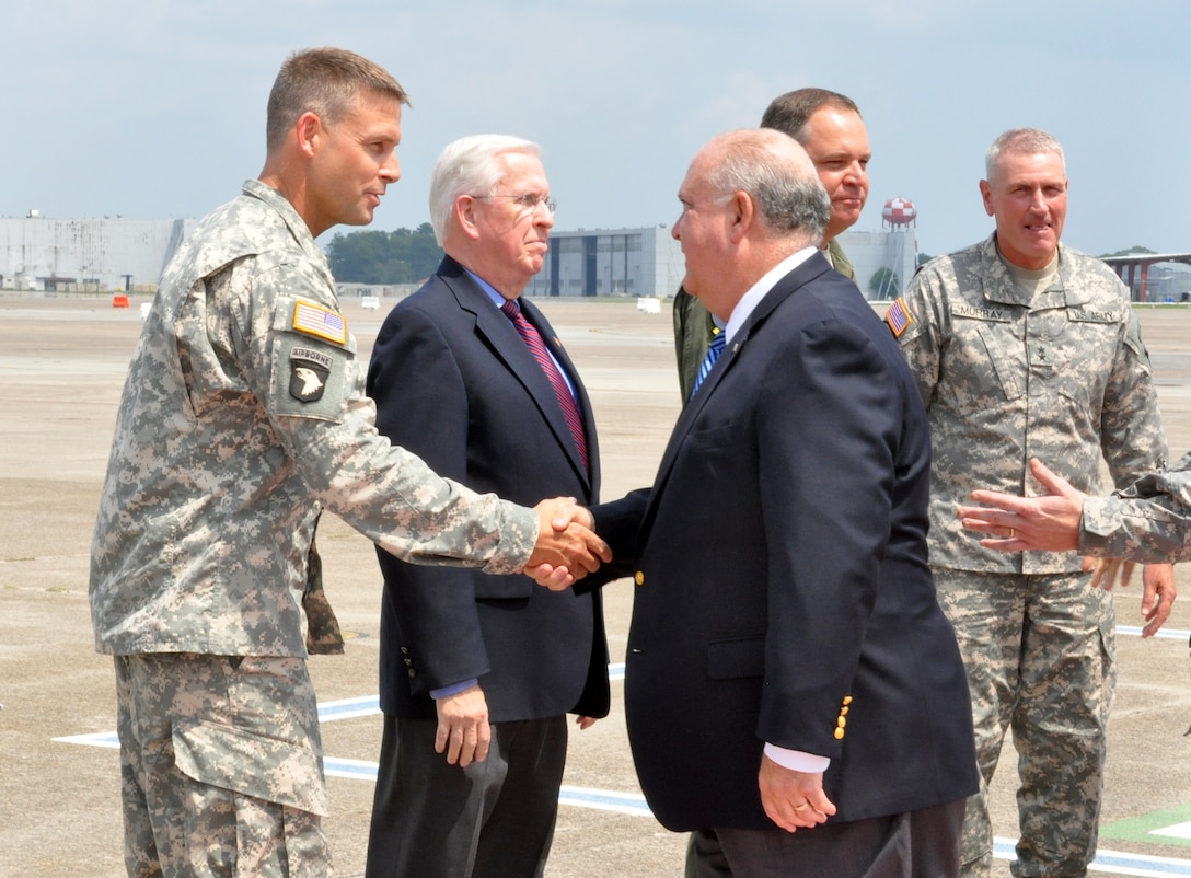 SAVANNAH, Ga. –Under Secretary of the U.S. Army Dr. Joseph W. Westphal shakes hands with Col. Thomas Tickner, commander of the U.S. Army Corps of Engineers Savannah District, upon arriving at Hunter Army Airfield, Sept. 4, 2013. Tickner and his staff briefed the Undersecretary on the Savannah Harbor Expansion Project, followed by a press conference and tour at the Savannah Port.