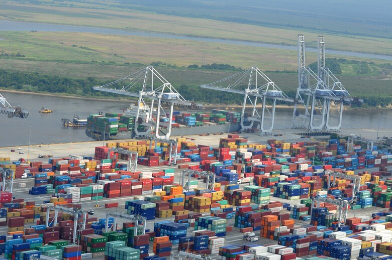 SAVANNAH, Ga. – A birds-eye view of the Georgia Ports Authority Garden City Terminal from a helicopter tour with Under Secretary of the U.S. Army Dr. Joseph W. Westphal, Sept. 4, 2013.