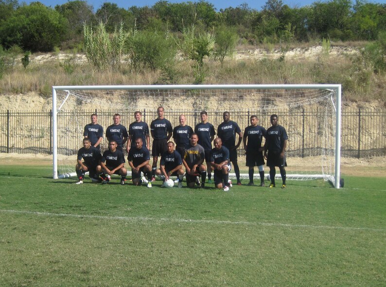 Members from Barksdale’s football club pose for a team photo while at the annual Air Force soccer tournament, Defender’s Cup, in San Antonio, Texas, Sept. 1, 2013. Though the team was beat out early in the tournament, they enjoyed traveling and meeting Airmen from other bases through the Labor Day weekend. (Courtesy photo)