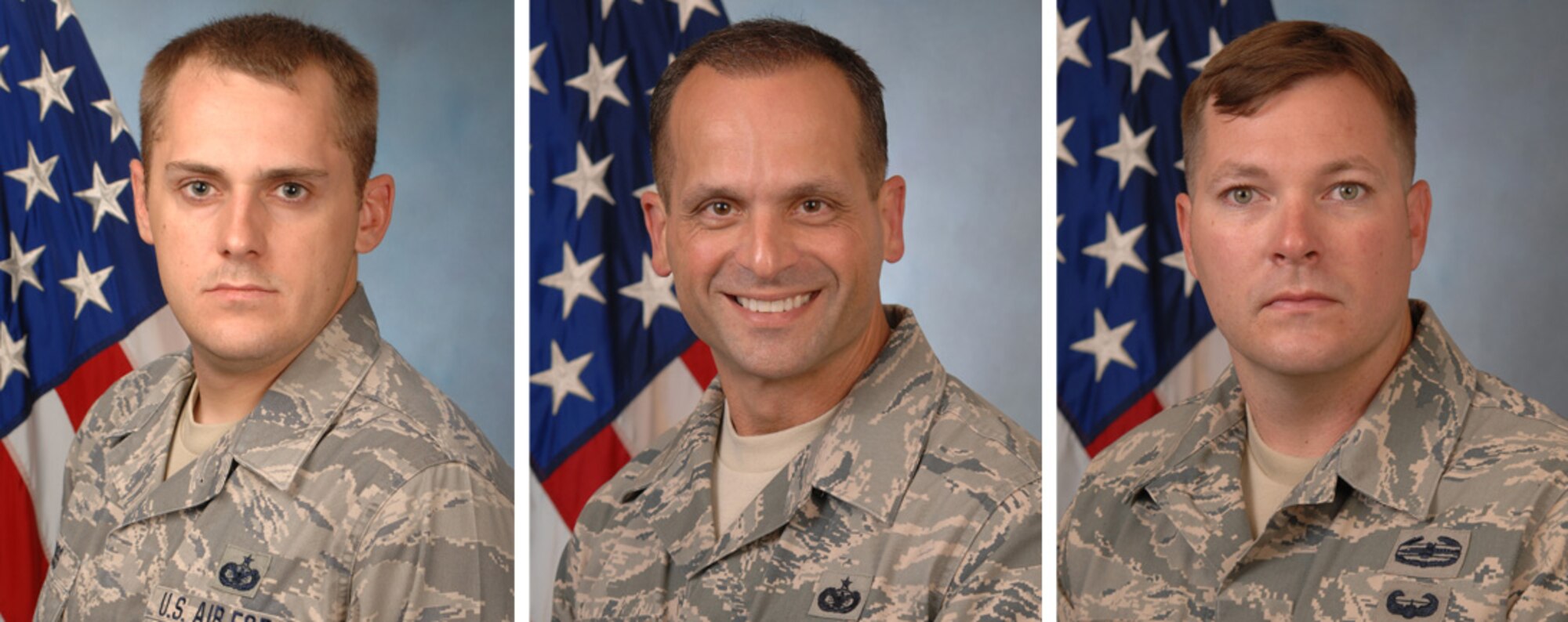 Left to right, U.S. Air Force Master Sgt. Richard Ross, and Tech. Sgts. Dominick Andrews and Tim White, from the 116th Security Forces Squadron, shown in an official photo, Robins Air Force Base, Ga., Sept. 5, 2013. The three Airmen from the 116th Air Control Wing, Georgia Air National Guard, were travelling to McCarran International Airport, Las Vegas, Nev. for pre-deployment training when a passenger passed out and showed no signs of life. Andrews and White performed cardiopulmonary resuscitation on the passenger while Ross assisted a flight attendant with medical supplies. The quick action of the Airmen saved the life of the passenger. (U.S. Air National Guard photo illustration by Master Sgt. Roger Parsons/Released) (This image was created as a photo collage from three separate images)