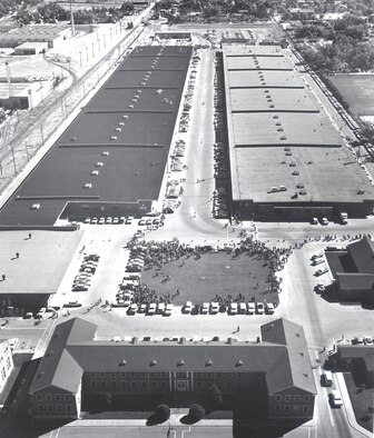 A 1950s aerial view of the Air Reserve Records Center on York Street, Denver, Colo. ARRC officially opened its doors March 1, 1954, almost 60 years ago. It wasn't until Sept.1, 1965, that it was renamed to the Air Reserve Personnel Center due to increasing involvement in all areas of personnel management and not only records. ARPC will celebrate their 60th birthday on Feb. 28, 2014. (U.S. Air Force photo)

