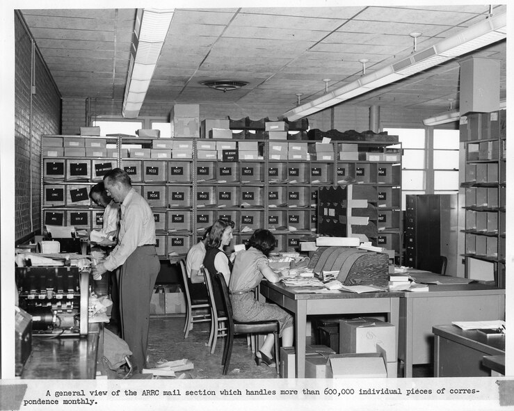 The Air Reserve Records Center mail section at the York Street building, Denver, Colo., in 1954. The mail section handled more than 600,000 individual pieces of correspondence monthly. (U.S. Air Force photo)

