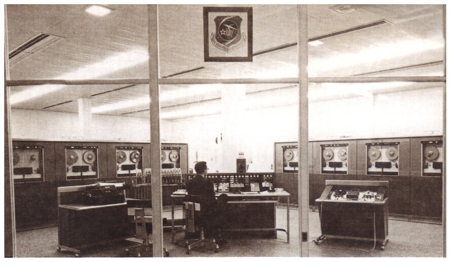 The RCA 501 transistorized electronic data processing system was installed at the Air Reserve Records Center Oct. 31, 1959, at the York Street building in Denver, Colo. This computer, which took up space of an entire room, was the first one of its kind west of the Mississippi River, costing $212,000 and had a 32K processing capability. (U.S. Air Force photo)

