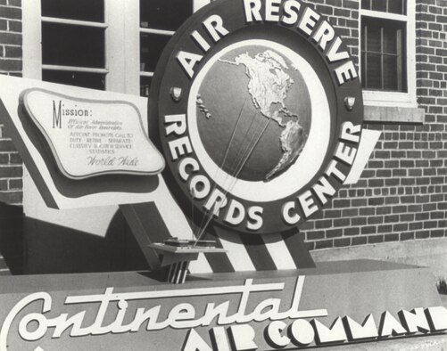 The Air Reserve Records Center sign was installed outside of the York Street building in the late 1950s in Denver, Colo. ARRC officially opened its doors March 1, 1954, almost 60 years ago. It wasn't until Sept. 1, 1965, that it was renamed the Air Reserve Personnel Center due to increasing involvement in all areas of personnel management and not only records. ARPC will celebrate their 60th birthday on Feb. 28, 2014. (U.S. Air Force photo) 

