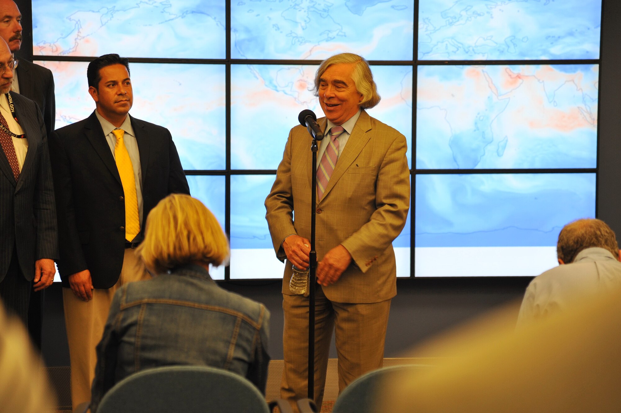 U.S. Secretary of Energy Ernest Moniz visited Kirtland Sept. 3, viewing presentations and addressing employees of Sandia National Laboratories and National Nuclear Security Administration on energy technology. (Photo by Ken Moore)