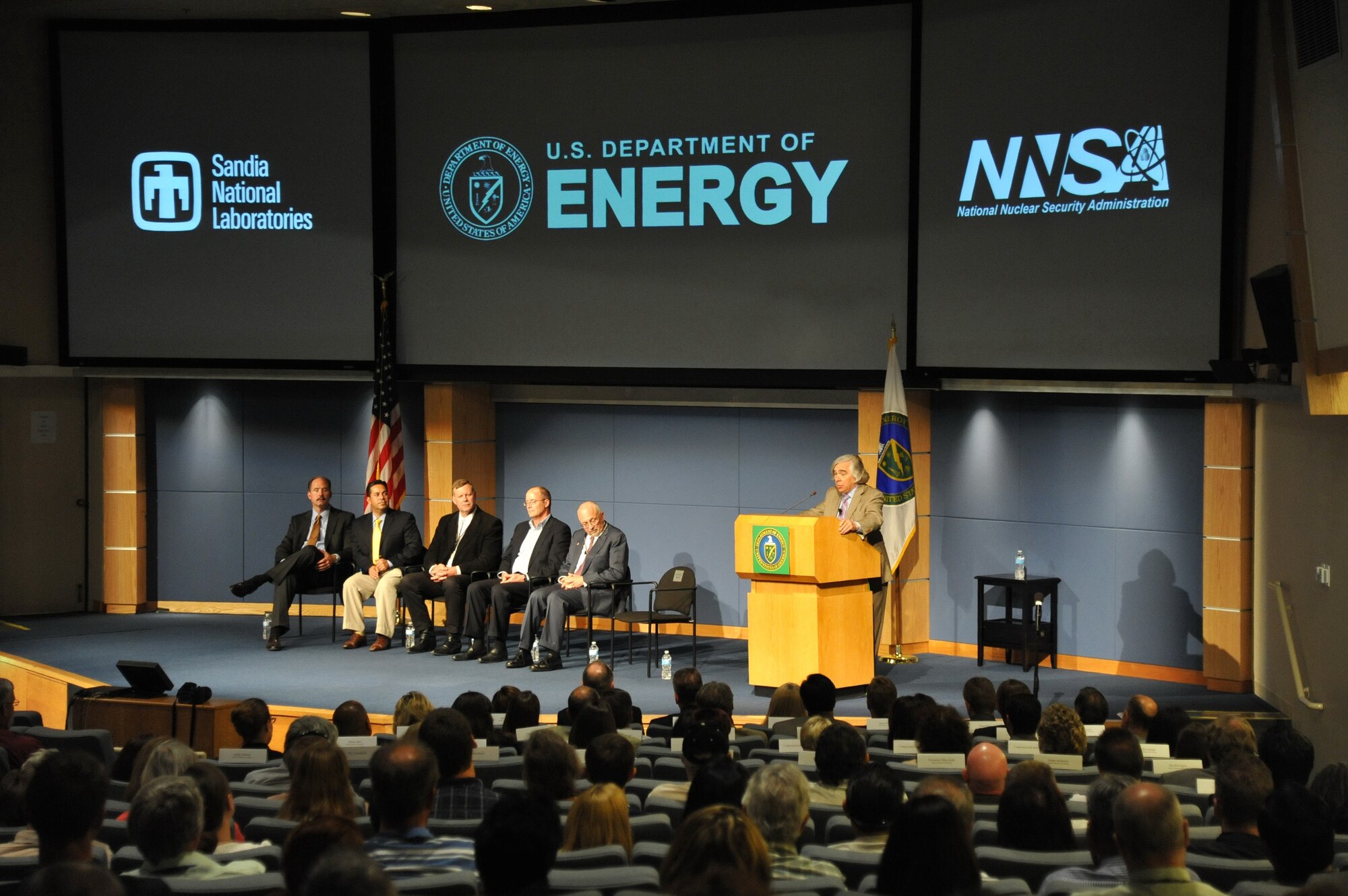 U.S. Secretary of Energy Ernest Moniz visited Kirtland Sept. 3, viewing presentations and addressing employees of Sandia National Laboratories and National Nuclear Security Administration on energy technology. (Photo by Ken Moore)