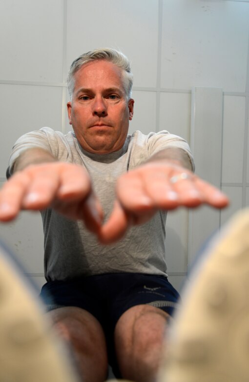 Master Sgt. Christopher Campbell, 386th Air Expeditionary Wing,
photojournalist, finishes his daily run by stretching here, Sept. 1, 2013.
Campbell runs every day he can between 4.5 to 8 miles each
run.  Campbell, a native of Phoenix, is deployed out of the 355th Fighter
Wing, Davis-Monthan Air Force Base, Ariz.  (U.S. Air Force photo by Master
Sgt. Christopher A. Campbell)