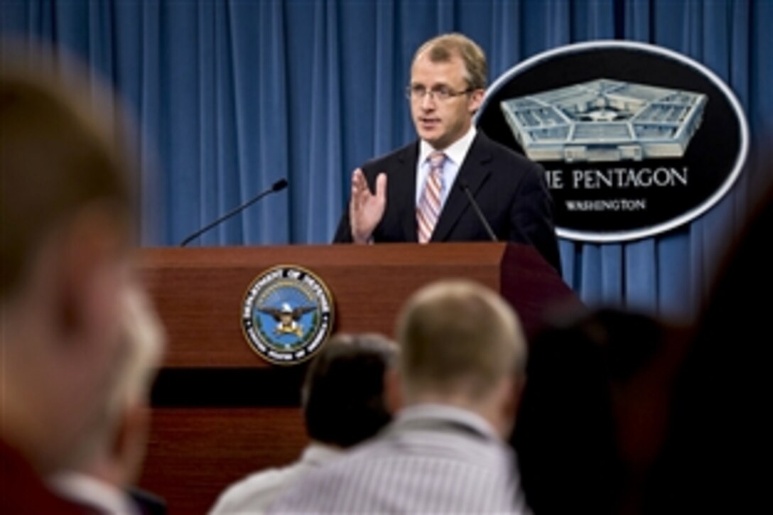 Pentagon Press Secretary George Little briefs the press at the Pentagon, Sept. 5, 2013. Little answered questions relating to Defense Secretary Chuck Hagel's recent testimony before House and Senate committees to support U.S. military intervention in Syria.