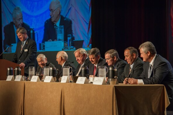 Seven former chief master sergeants of the Air Force participate in a professional development forum Aug. 28, 2013, during the 2013 Air Force Sergeants Association Professional Airmen’s Conference and International Convention at the Grand Hyatt in San Antonio, Texas.  The former CMSAFs answered questions from the audience and provided opinions about current Air Force topics. (U.S. Air Force photo/Senior Airman DeAndre Curtiss)