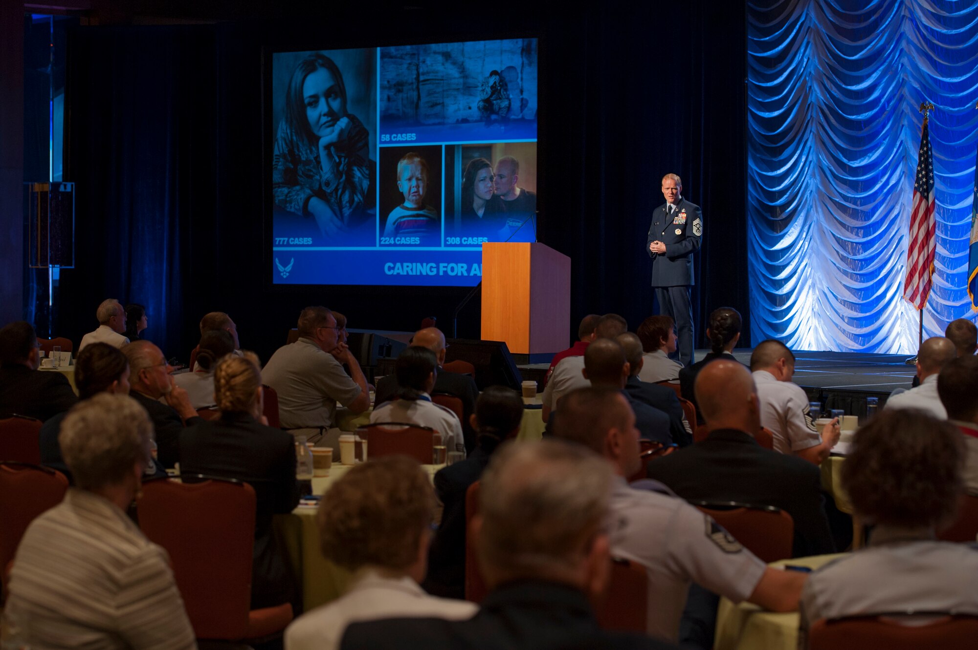 Chief Master Sgt. of the Air Force James A. Cody speaks to the audience of the 2013 Air Force Sergeants Association Professional Airmen’s Conference and International Convention Aug. 28, 2013, at the Grand Hyatt in San Antonio, Texas.  Cody was invited to speak during the AFSA senior leader perspective professional development forum.  His presentation focused on the importance of Airmen and the need to continue to develop and care for them during sequestration and budget challenges. (U.S. Air Force photo/Senior Airman DeAndre Curtiss) 