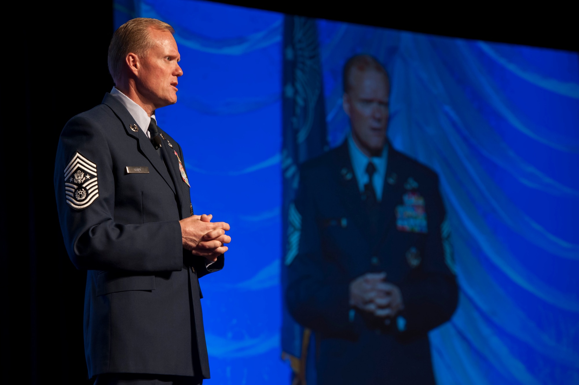 Chief Master Sgt. of the Air Force James A. Cody speaks to the audience during the 2013 Air Force Sergeants Association Professional Airmen’s Conference and International Convention Aug. 28, 2013, at the Grand Hyatt in San Antonio, Texas. Cody spoke during the AFSA PACs senior leader perspective professional development forum. (U.S. Air Force photo/Senior Airman DeAndre Curtiss)