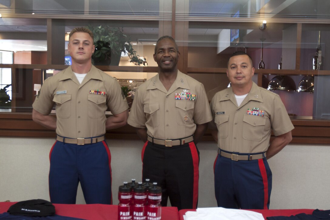 Lt. Gen. Ronald L. Bailey, deputy commandant for Plans, Policies and Operations, Headquarters U. S. Marine Corps meets with 12th Marine Corps District Marines, Sgt. Nicholas Campenni (left), recruiter, and Capt. Jorge Escatell, recruiting advertising officer, during the Montford Point Marines Association 48th National Conference in San Diego, Aug 22.