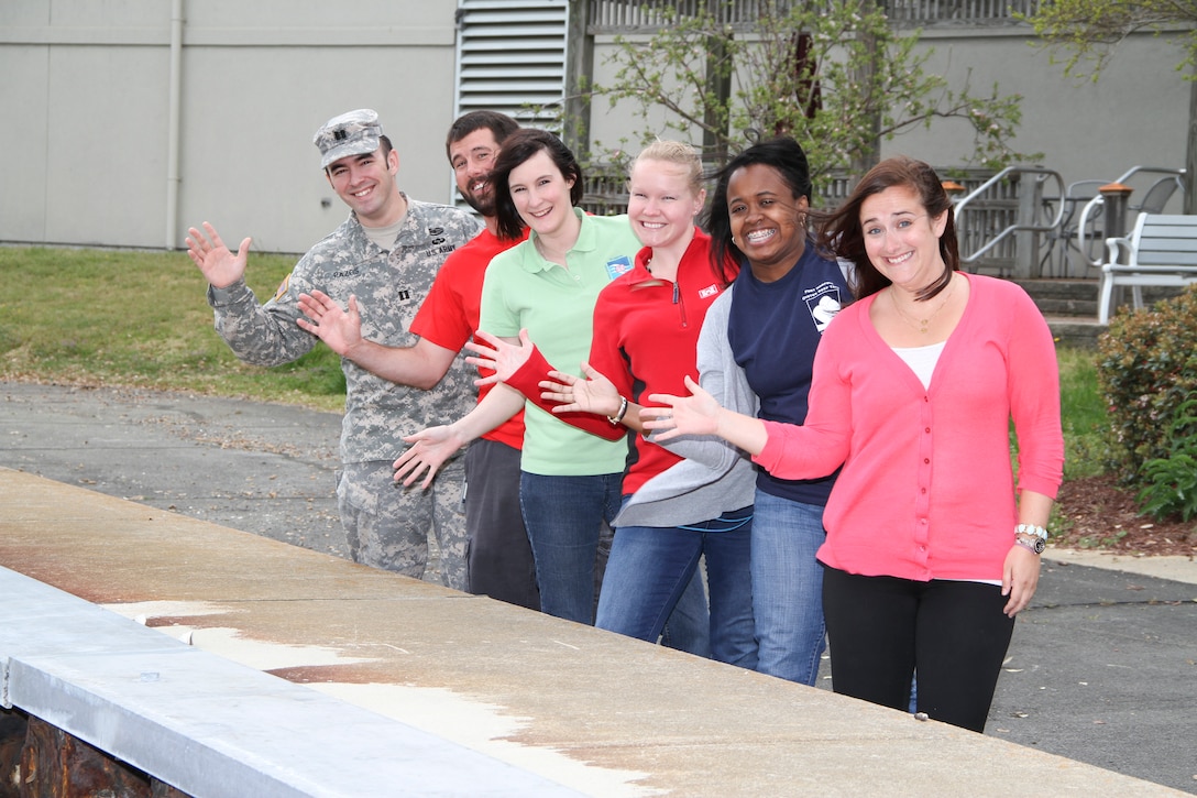 Members of the Norfolk District science technology engineering and math team pose for a picture at the district's Waterfield headquarters building. The STEM team promotes careers in science technology engineering and math to elementary, high school and college students. (U.S. Army photo/Patrick Bloodgood)