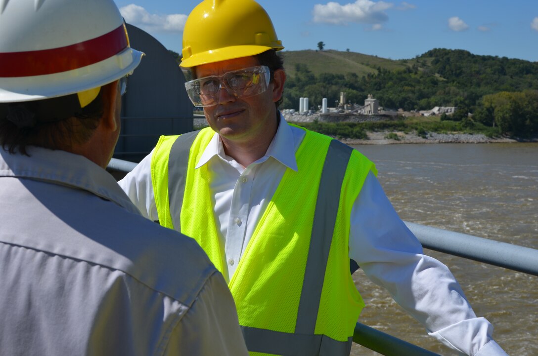 Congressman Thomas Massie is briefed by Joe Hannah, Lockmaster, Meldahl Locks and Dam during his visit Sep. 4, 2013.