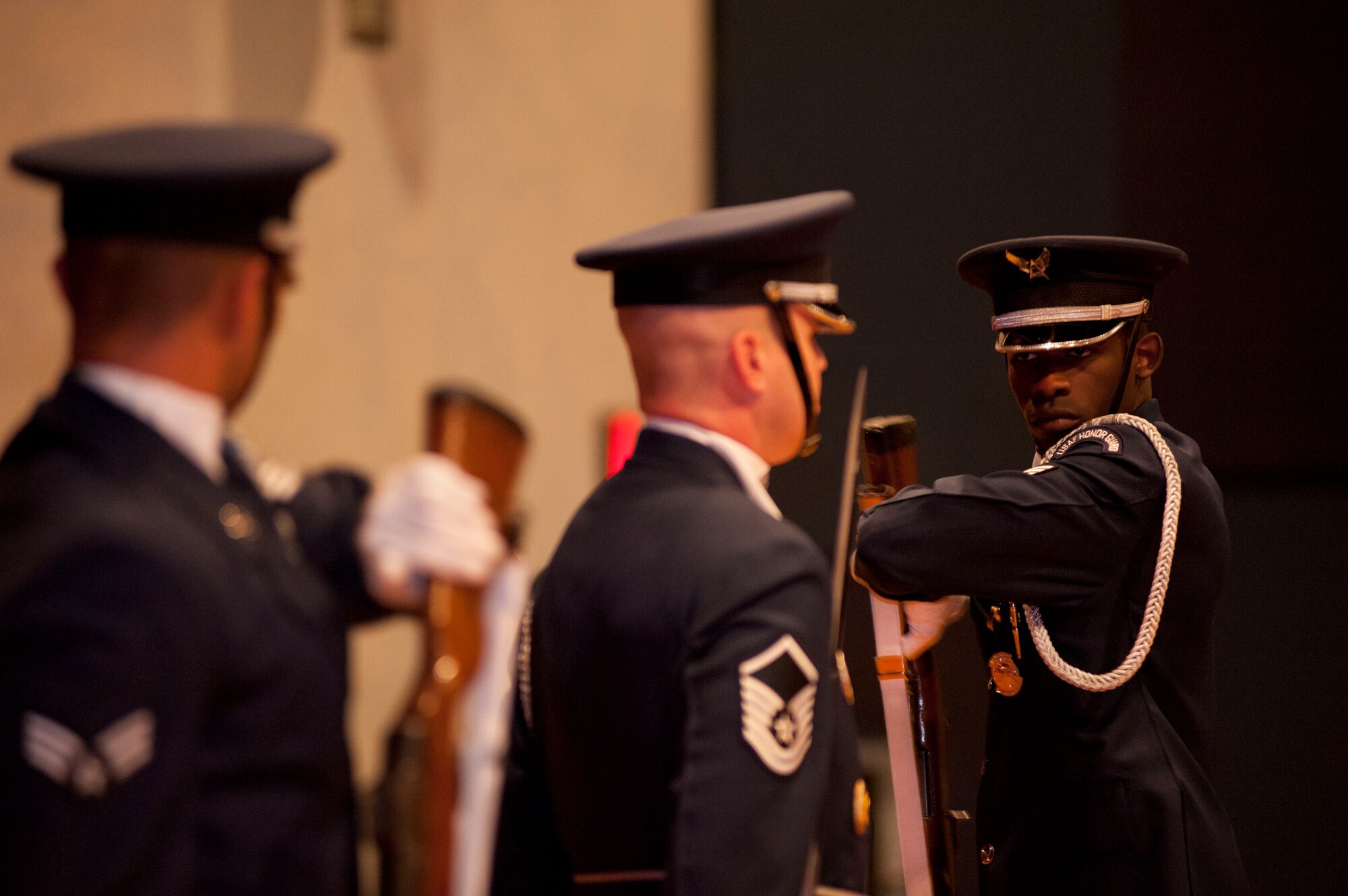 The U.S. Air Force Honor Guard visited Sheppard Air Force Base Sept. 4, to demonstrate their drilling tactics and explain their mission as Airmen.  The U.S. Air Force Honor Guard periodically visits other bases and public venues for demonstrations. (U.S. Air Force photo by Airman 1st Class Jelani Gibson) 