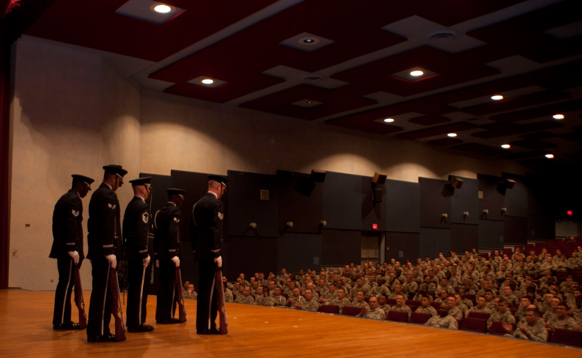 The U.S. Air Force Honor Guard visited Sheppard Air Force Base Sept. 4, to demonstrate their drilling tactics and explain their mission as Airmen.  The U.S. Air Force Honor Guard periodically visits other bases and public venues for demonstrations. (U.S. Air Force photo by Airman 1st Class Jelani Gibson) 