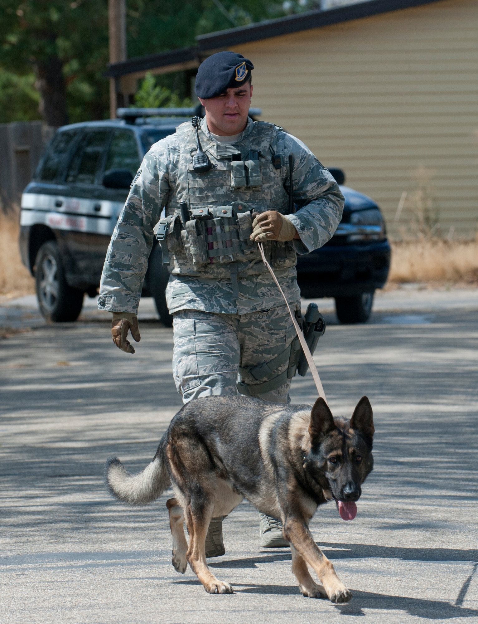 U.S. Air Force Staff Sgt. Tyson Naylor, 366th Security Forces Squadron military working dog handler, and Military Working Dog Onix patrol an abandoned street Aug. 30, 2013, at Mountain Home Air Force Base, Idaho. The team was performing a mock detection, trying to find a suspect who was hiding. (U.S. Air Force photo by Airman 1st Class Brittany A. Chase/released)