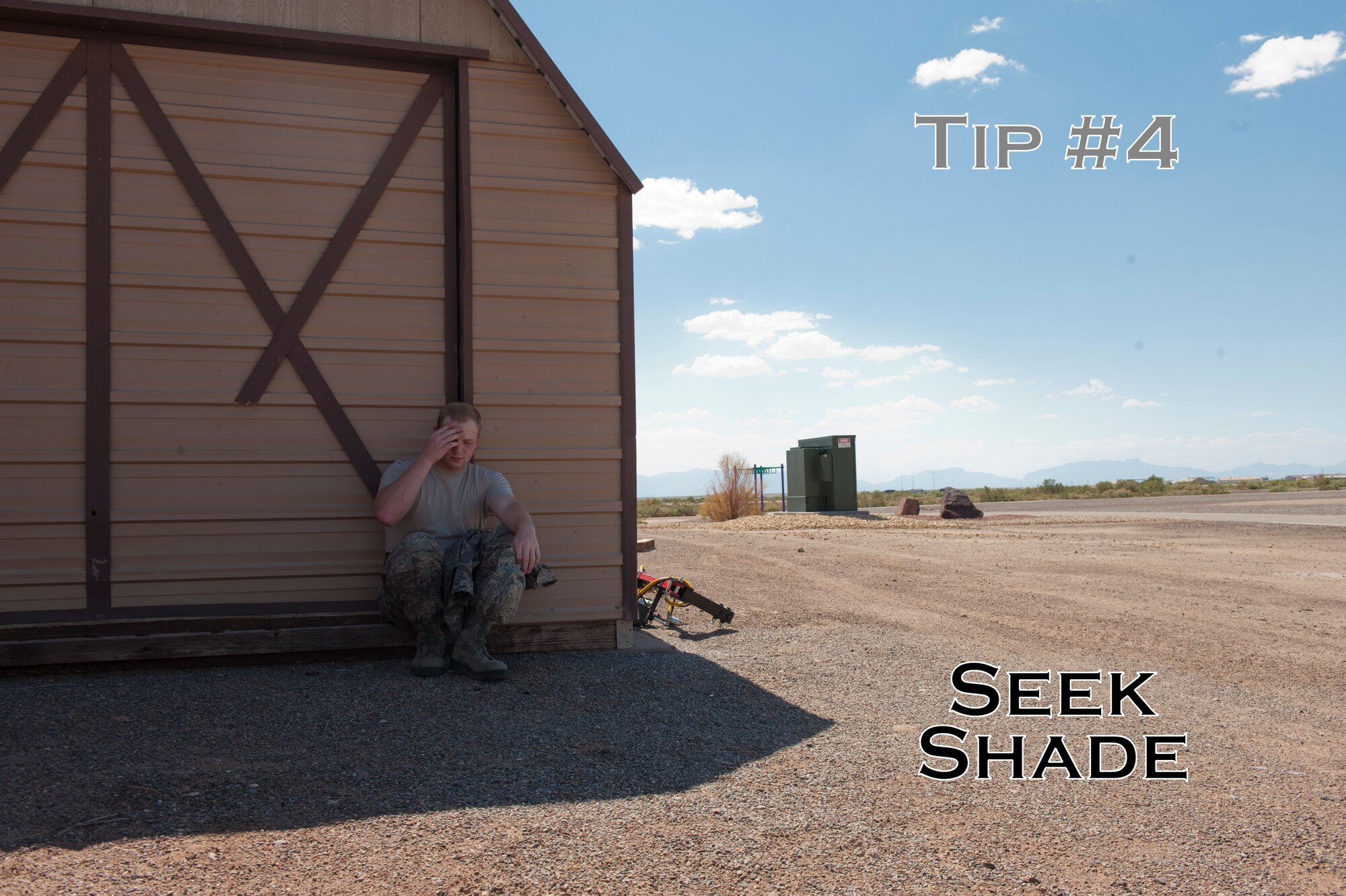 Tip #4:  Seek shade. During the midday hours 10 a.m. to 4 p.m., seek shade to minimize exposure to the sun and reduce the risk of skin damage and skin cancer. (U.S. Air Force graphic by Airman 1st Class Aaron Montoya)