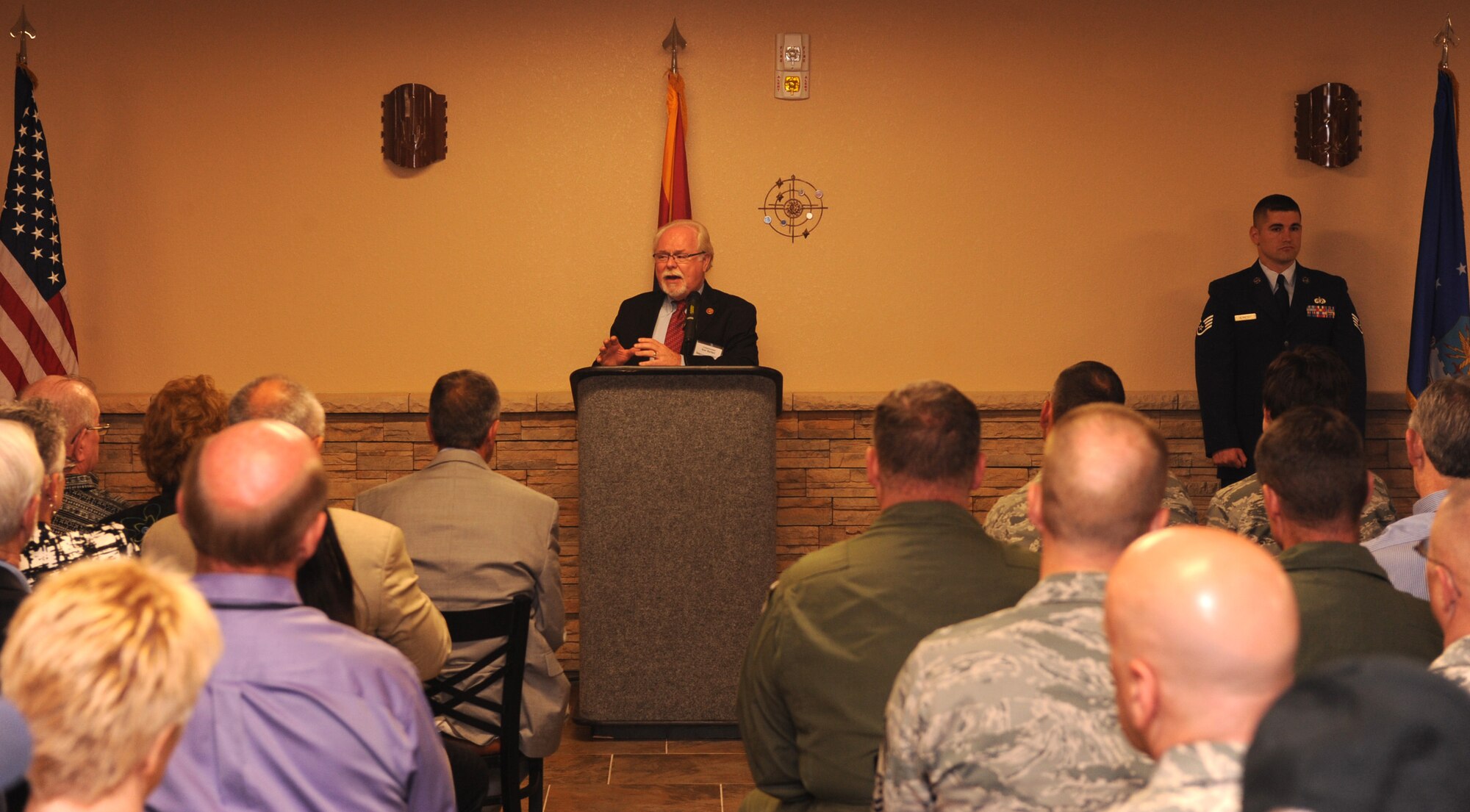 Arizona Congressman Ron Barber speaks at The Centers for Habilitation's 20th Anniversary celebration in honor of their partnership with Davis-Monthan Air Force Base Aug. 19, 2013.  THC is a non-profit organization dedicated to recruiting and helping create employment opportunities for individuals with developmental and physical disabilities. (U.S. Air Force photo
by Airman 1st Class Chris Massey/Released