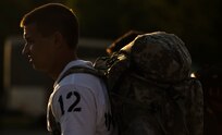 Ethan Weltens prepares for a ruck run during Rescue Athlete training clinic Aug. 24 at Joint Base-San Antonio, Texas. (U.S. Air Force photo/Staff Sgt. Jonathan Snyder)