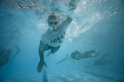 Jake Jones swims during the water confidence portion of the Rescue Athlete training clinic Aug. 24, at Joint Base San Antonio-Lackland. (U.S. Air Force photo/Staff Sgt. Jonathan Snyder)