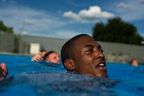 Staff Sgt. Stephaun McKinley treads water during the Rescue Athlete training clinic Aug. 23 at Joint Base San Antonio-Lackland. (U.S. Air Force photo/Staff Sgt. Jonathan Snyder)