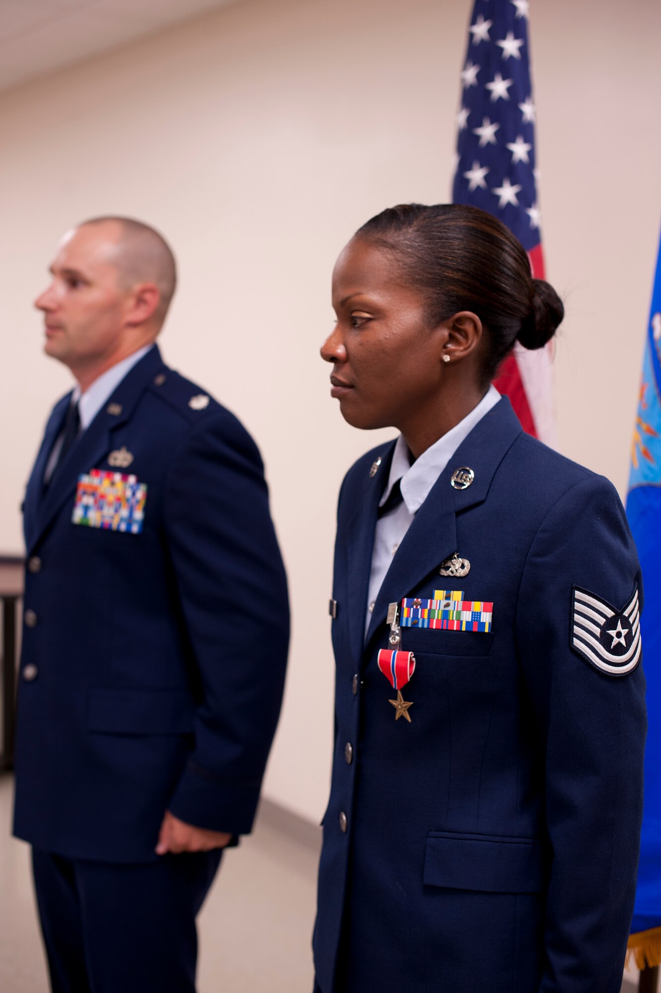 U.S. Air Force Tech. Sgt. Makeba Liebert, 366th Logistics Readiness Squadron NCO in charge of individual protection equipment, is presented the fourth highest combat medal in the United States, the Bronze Star Medal, at Mountain Home Air Force Base, Idaho, Aug. 29, 2013. Liebert earned the medal for her extensive hours spent working during a recent deployment to Afghanistan, and going above and beyond what was asked of her. (U.S. Air Force photo by Airman 1st Class Malissa Lott/ Released)