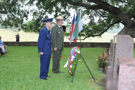 Brig. Gen. Bob LaBrutta, 502nd Air Base Wing and Joint Base San Antonio commander, and Russ Whitlock, superintendent for Lyndon B. Johnson National Historical Park, place a wreath at the gravesite of the former president Aug. 27. (U.S. Air Force photo by Joel Martinez)
