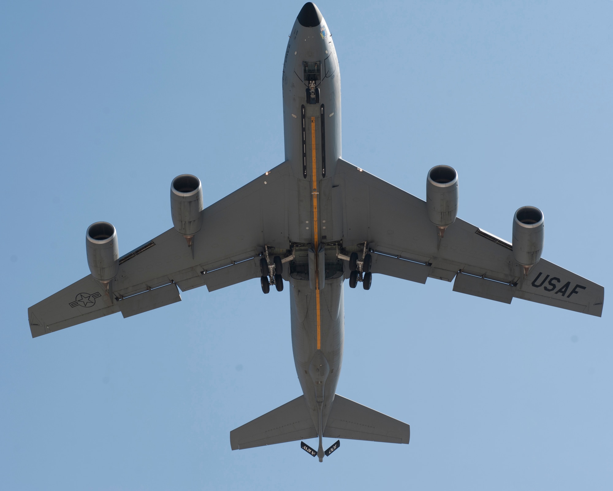 A KC-135 Stratotanker's landing gear retracts into the wheel well after initial take-off at Transit Center at Manas, Kyrgyzstan, September 6, 2013. The KC-135 carries enough fuel on a single flight to take a 40 miles-per-gallon sub-compact car a distance of 1,248,000 miles on "one filling." U.S. Air Force photo/Staff Sgt. Robert Barnett)
