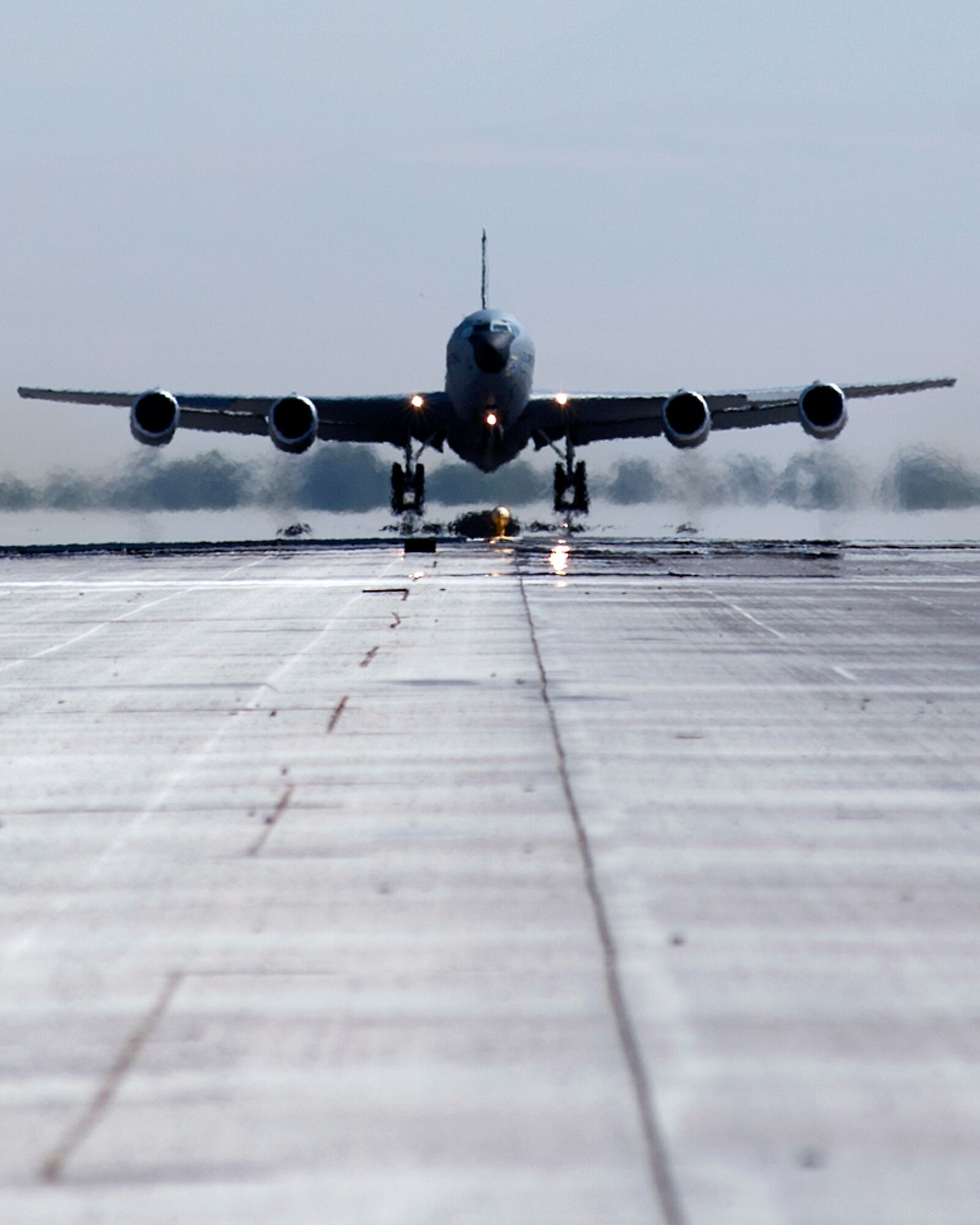 A KC-135 Stratotanker builds up speed prior to initial take-off at Transit Center at Manas, Kyrgyzstan, September 6, 2013. The KC-135 has brakes that, under normal landing conditions, are capable of absorbing enough energy to simultaneously stop 432 automobiles traveling at 50 miles per hour, or, under full braking conditions, 975 automobiles. (U.S. Air Force photo/Staff Sgt. Robert Barnett)
