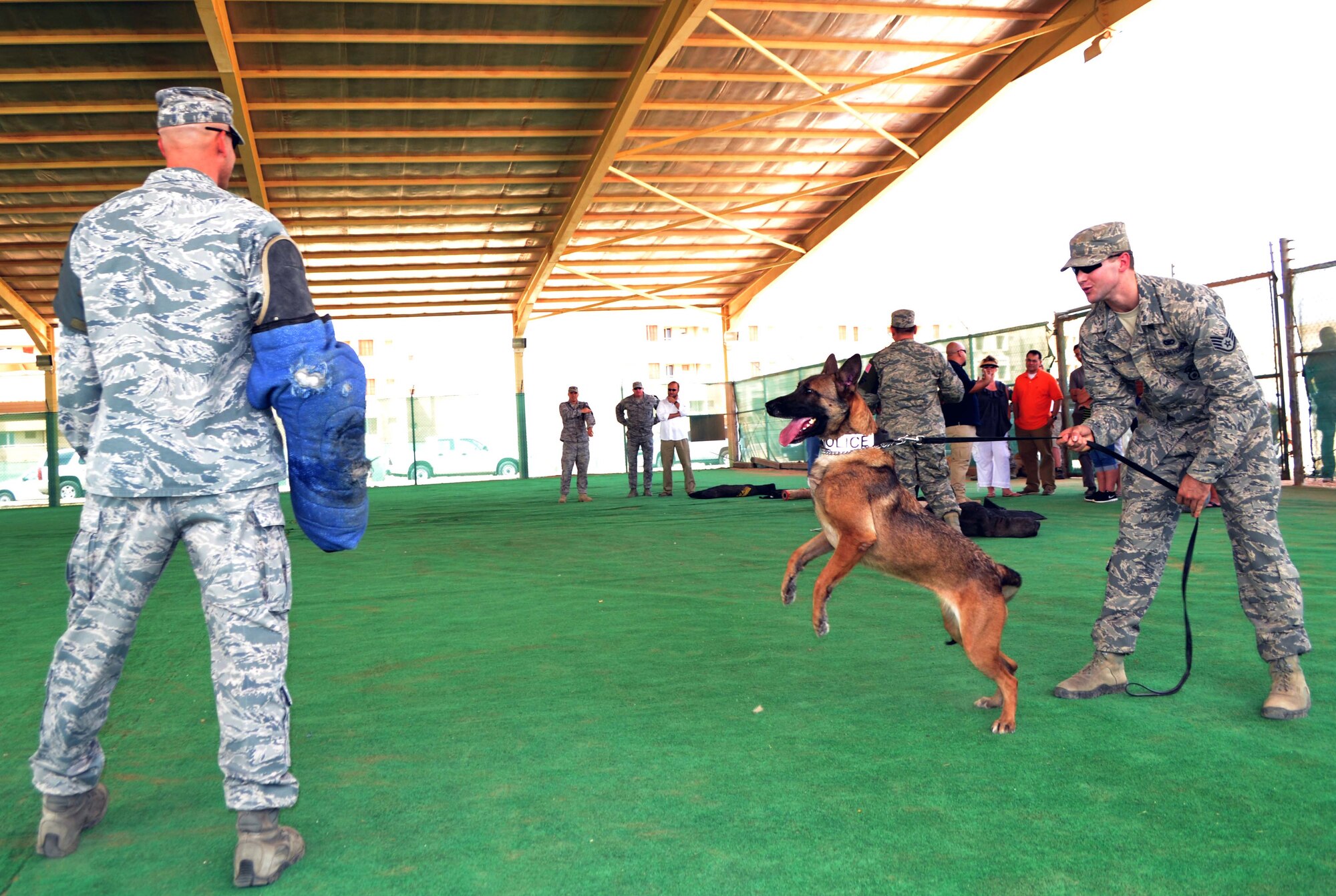After showcasing the K-9’s aggression capabilities, those in attendance were able to try on various types of training equipment and a few attendees were able to decoy as well during a military working dog demonstration at the 64th Air Expeditionary Group in Southwest Asia, Aug. 23, 2013. Nothing garners more respect than putting on a protective sleeve and feeling the power of these dogs first hand, attendees said. (U.S. Air Force photo/Staff Sgt. Minerva Rosario)