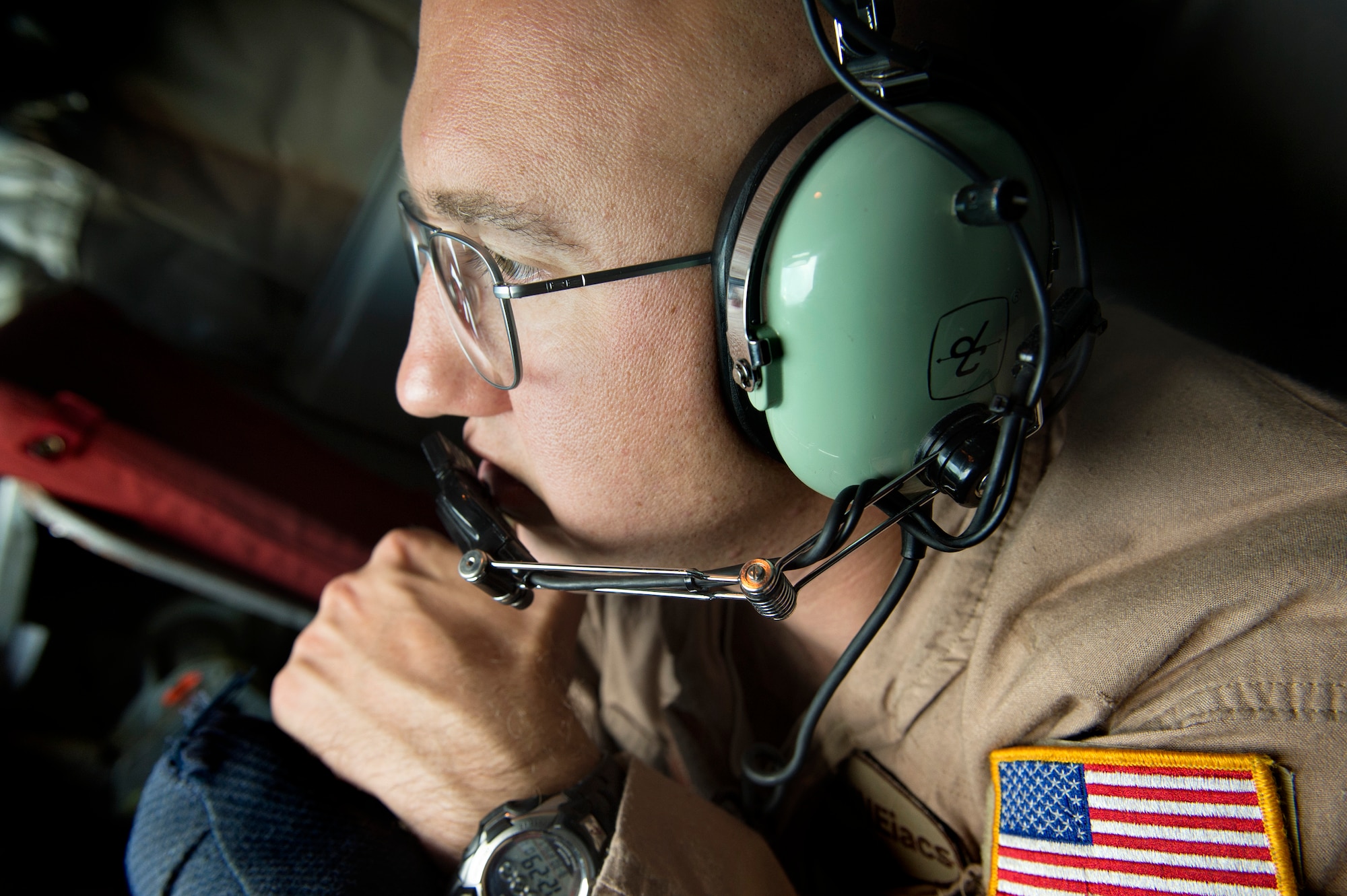 Master Sgt. John Fidler, 340th Expeditionary Air Refueling Squadron KC-135 boom operator, prepares for the next round of fighter aircraft requiring fuel during a mission over the Persian Gulf, Aug. 30, 2013. Fidler, hailing from Bangor, Maine, is deployed from Maine Air National Guard. (U.S. Air Force Photo/Master Sgt. Ben Bloker)
