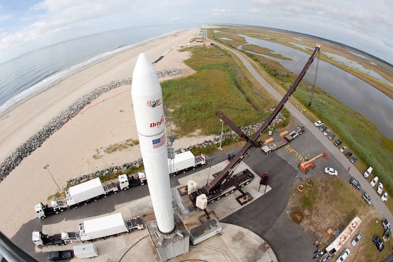 A wide-angle view of an inert Minotaur V launch vehicle is erected on the Mid-Atlantic Regional Spaceport's pad 0B at NASA's Wallops Flight Facility in Virginia during a pathfinder exercise for NASA's Lunar Atmosphere and Dust Environment Explorer (LADEE) Mission.