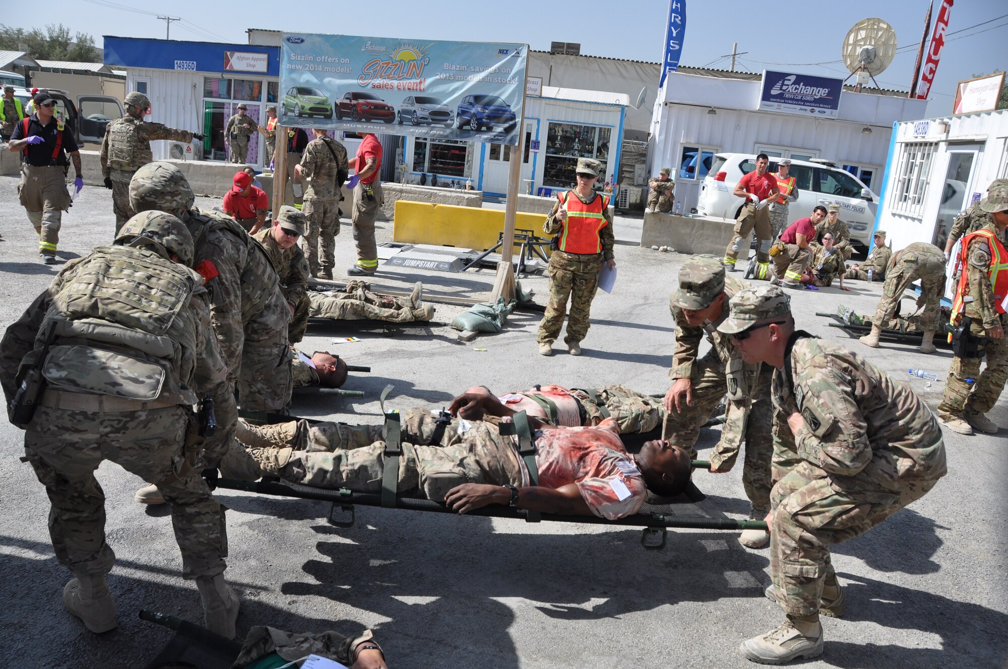 A mass casualty exercise coordinated by the Installation Emergency Management office in conjunction with Craig Joint Theater Hospital was held here Sept. 7, 2013. At least six response agencies and a minimum of 12 support agencies were involved in the exercise. which tested the security forces, hospital staff and firefighters as they responded to a simulated emergency. (U.S. Air Force photo/Tech. Sgt. Rob Hazelett)