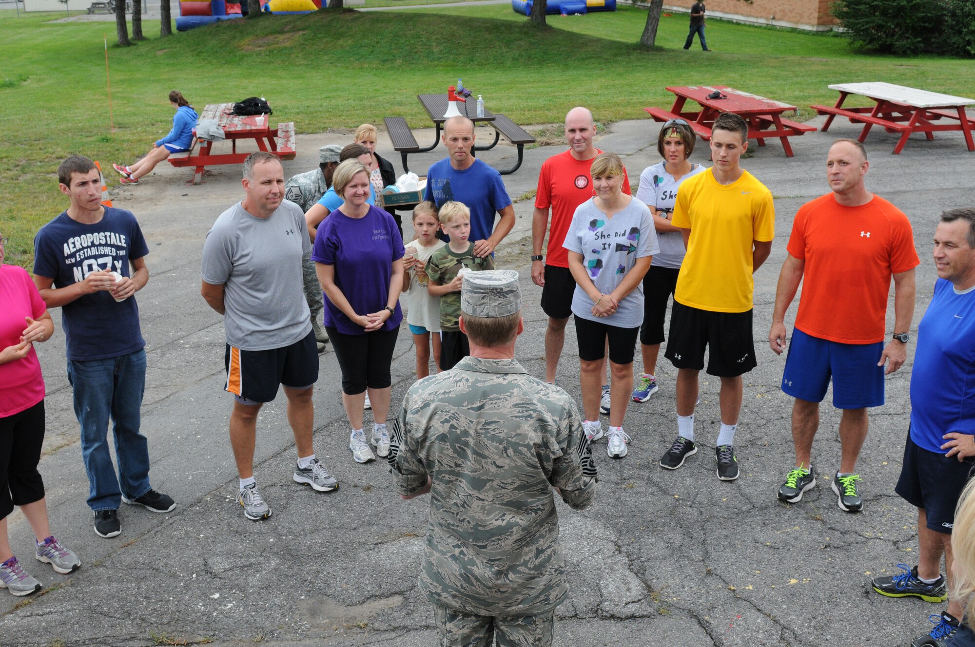 Chief Master Sgt. of the Air Force James A. Cody meets Airmen and family members after the Family Fun Run at the 174th Attack Wing, Hancock Field on Sep. 7, 2013. Cody visited Hancock Field to meet with Airmen, get the pulse of the enlisted force and answer any questions. (Photo by New York Air National Guard Tech. Sgt. Justin A. Huett)