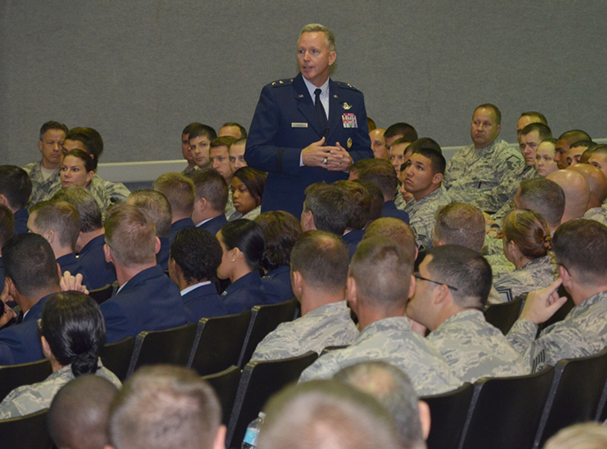 Maj. Gen. William Binger, 10th Air Force commander, speaks to Airmen at the he 920th Rescue Wing commander’s call at Patrick Air Force Base, Fla., Sept. 8, 2013. (U.S. Air Force photo/Tech. Sgt. Anna-Marie Wyant)
