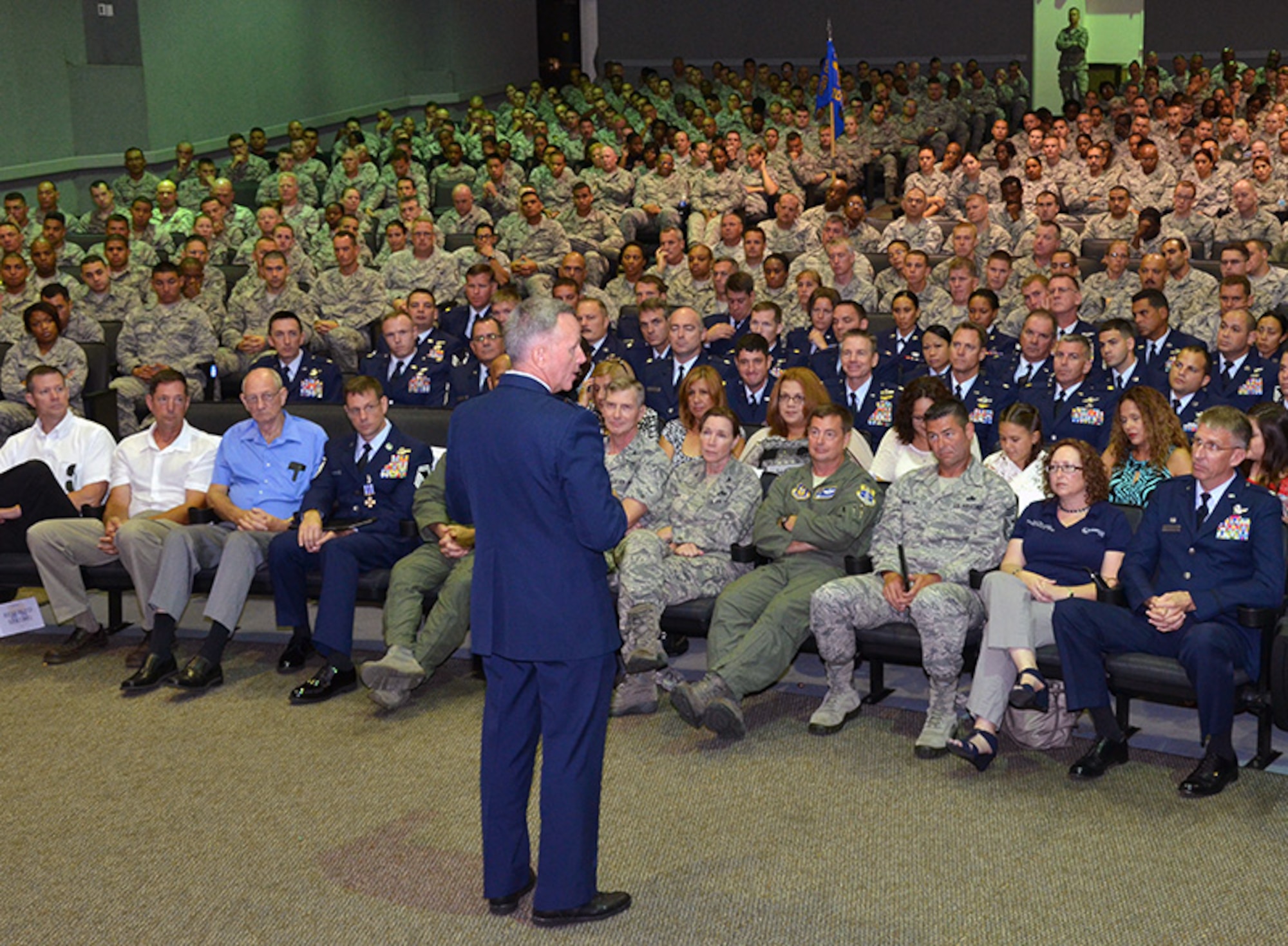 Maj. Gen. William Binger, 10th Air Force commander, speaks to Airmen at the he 920th Rescue Wing commander’s call at Patrick Air Force Base, Fla., Sept. 8, 2013. (U.S. Air Force photo/Tech. Sgt. Anna-Marie Wyant)