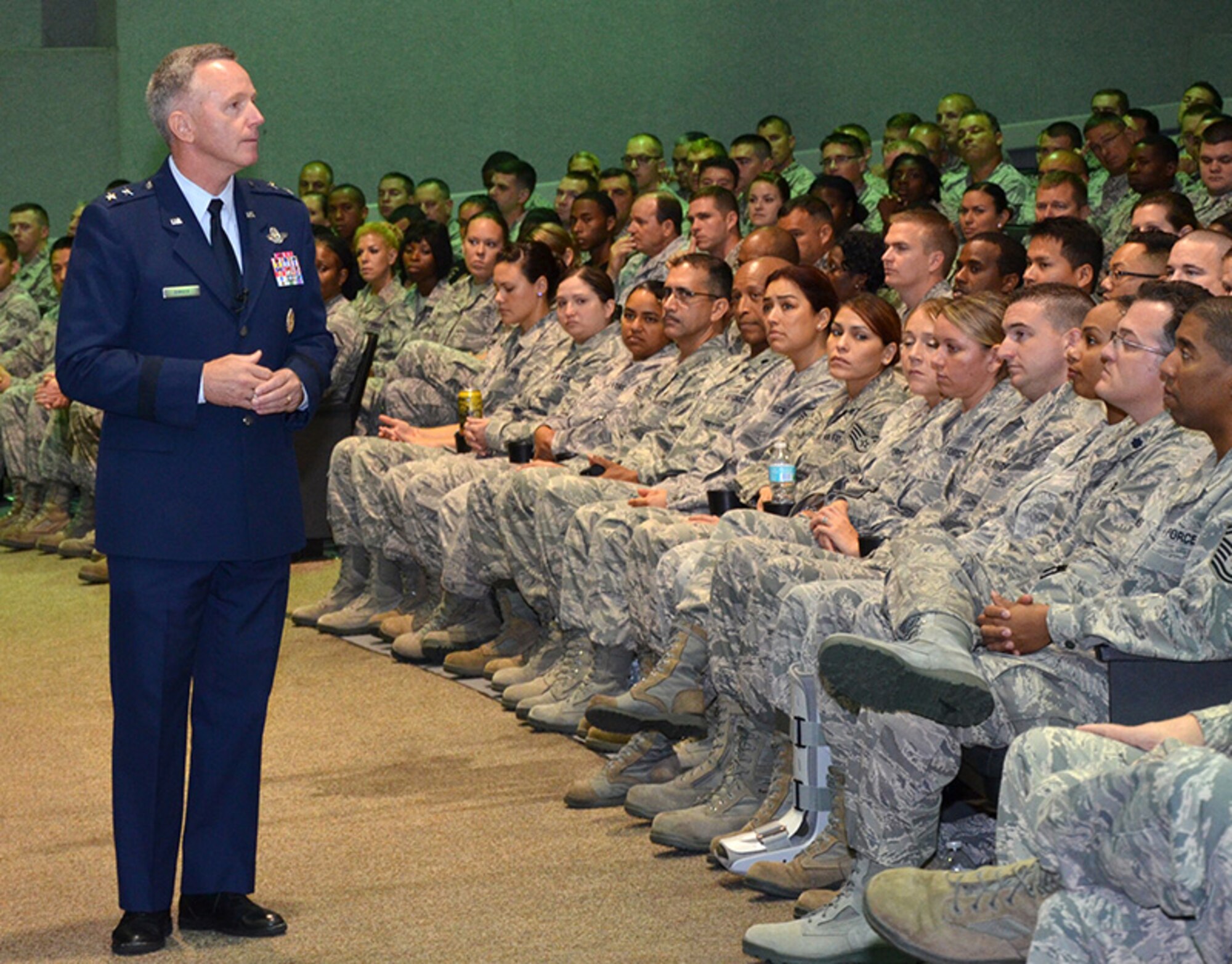 Maj. Gen. William Binger, 10th Air Force commander, speaks to Airmen at the he 920th Rescue Wing commander’s call at Patrick Air Force Base, Fla., Sept. 8, 2013. (U.S. Air Force photo/Tech. Sgt. Anna-Marie Wyant)