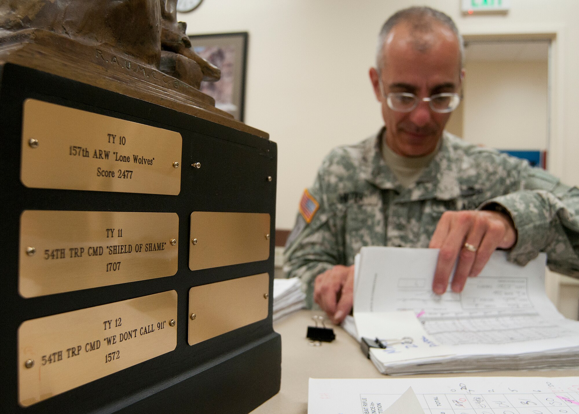 FORT DEVENS, Mass. – New Hampshire Army National Guard Lt. Col. Roy Hunter tallies the scores of competitors during the state marksmanship competition here Aug. 25. High scores for top gun was N.H. Army National Guard Capt. Allen Corey; top combat pistol was N.H. Air National Guard Master Sgt. Michael Bane; top combat rifle was N.H. Army National Guard Allen Corey. (N.H. National Guard photo by Tech. Sgt. Mark Wyatt/Released)